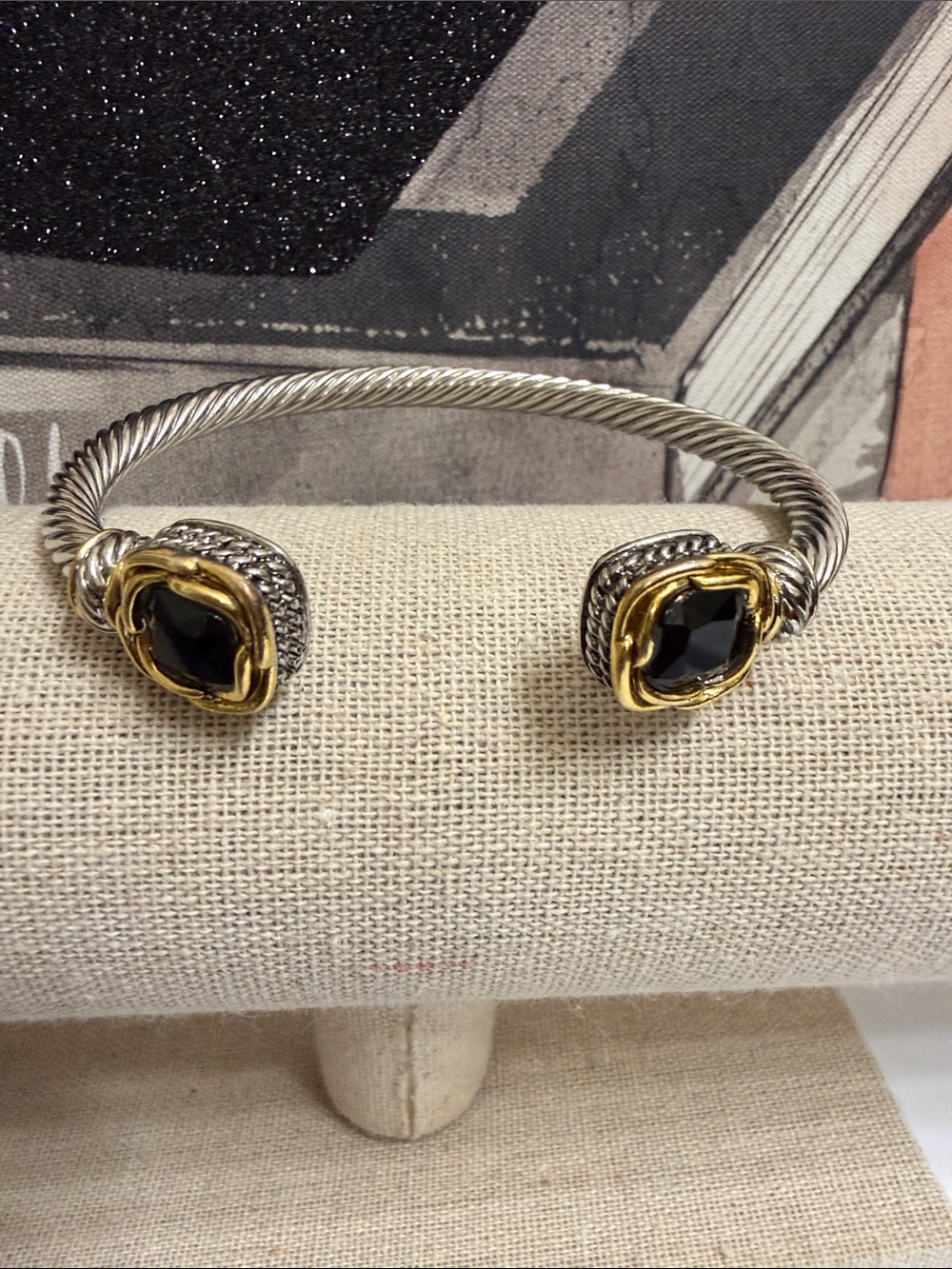 Elegant Two-Tone Black Stone Cable Cuff Bracelet